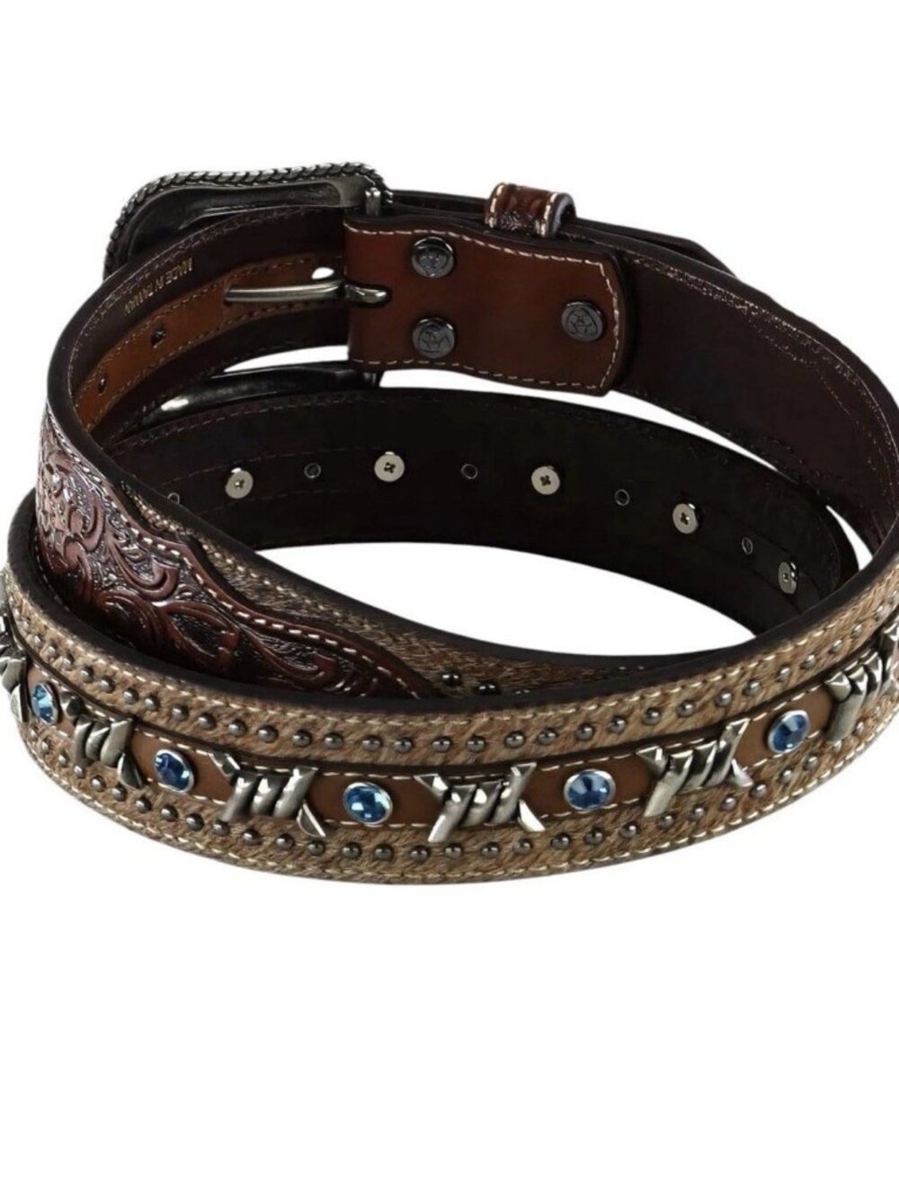 Ariat Men's Western Belt Brown Studded Silver-Tone Buckle Adjustable Size 46 - Picture 2 of 13